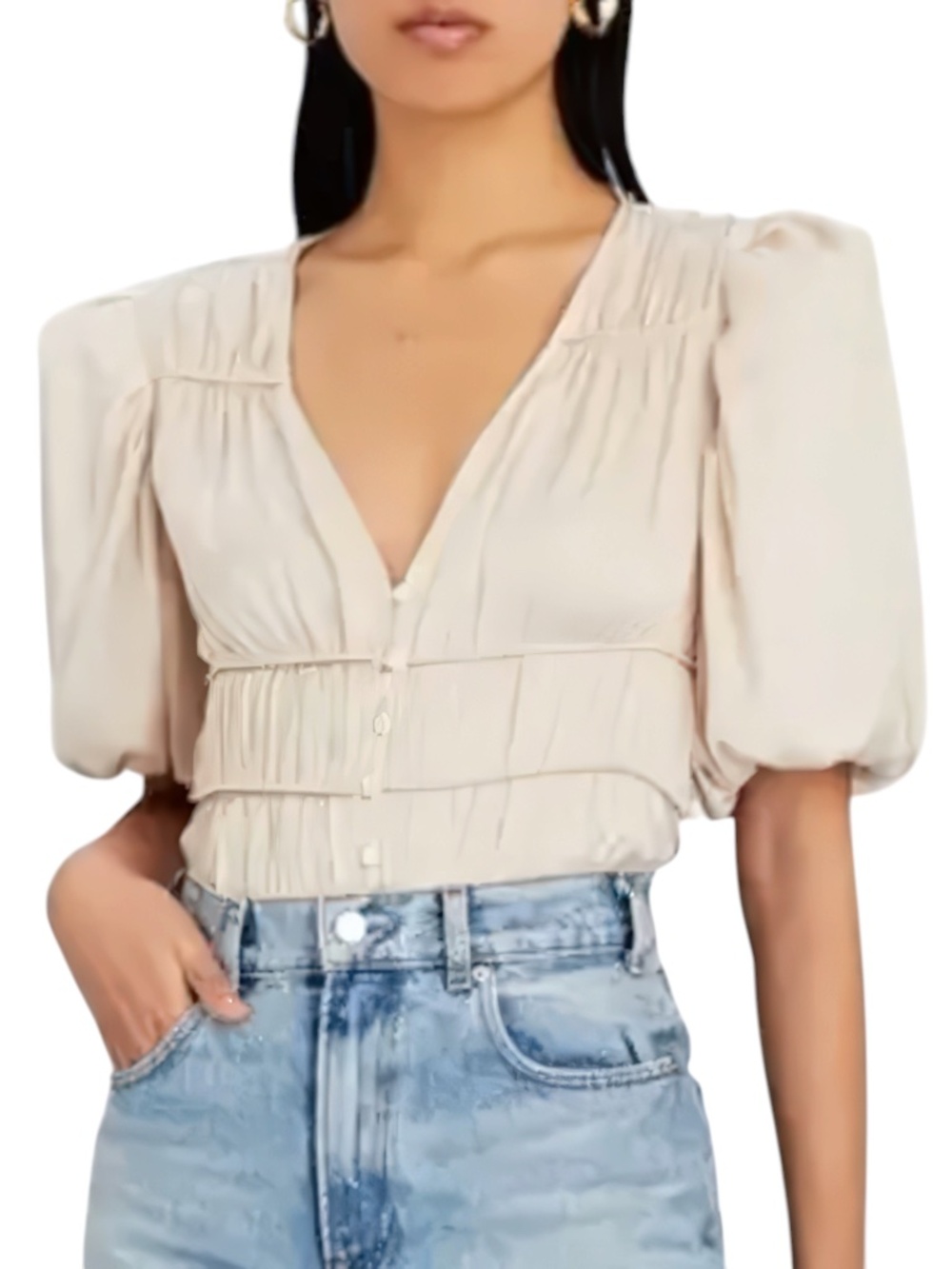 FRAME Julianne Smocked Puff Sleeve Top